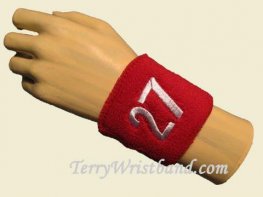Red with White Number 27 youth wristband sweatband