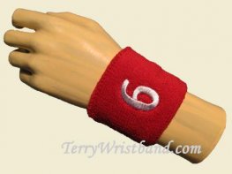 Red with White Number 6 youth wristband sweatband