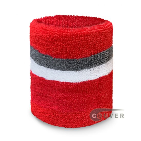 Red with white gray stripe tennis style wristband sweatband - Click Image to Close