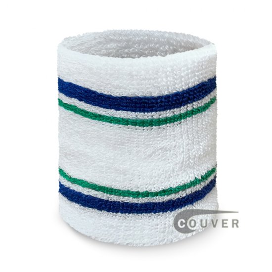 White with blue green stripe tennis style wristband sweatband - Click Image to Close
