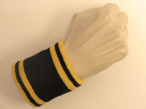 Black with yellow stripes tennis wristband sweatband - Click Image to Close
