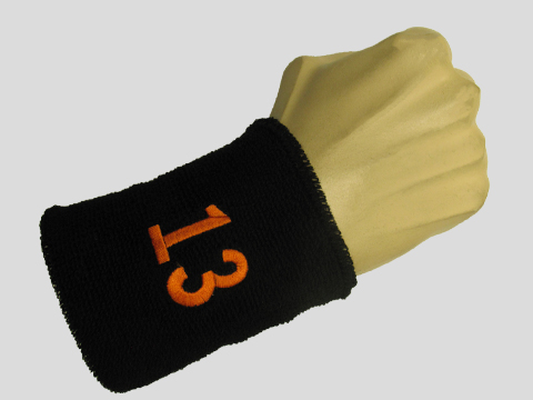 Black wristband sweatband with number 13 Thirteen - Click Image to Close