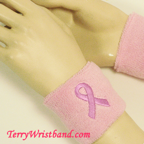 Breast Cancer Awareness Pink Ribbon Terry Wristband for sports - Click Image to Close