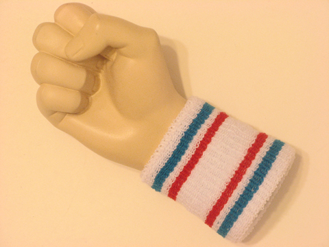 Bright blue red striped white cheap terry wristband - Click Image to Close