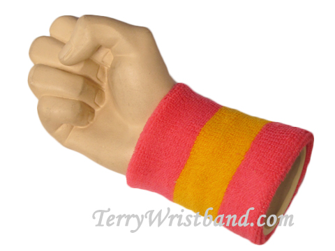 Bright Pink Gol Yellow Striped Terry Wristband, 1PC - Click Image to Close
