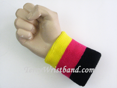 Bright Yellow Hot Pink Black Striped Terry Sports Wristband - Click Image to Close