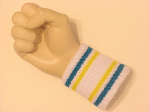 Bright blue bright yellow striped white cheap terry wristband - Click Image to Close