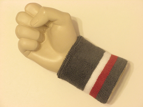 White with red gray stripe tennis style wristband sweatband - Click Image to Close