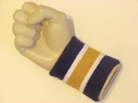 Dark purple golden yellow white 3 colored wristband sweatband - Click Image to Close
