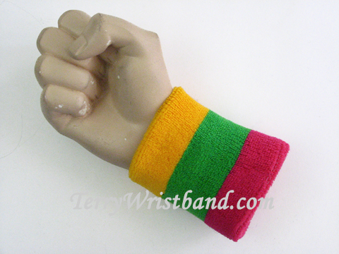 Golden Yellow Bright Green Hot Pink Striped Terry Wristband - Click Image to Close