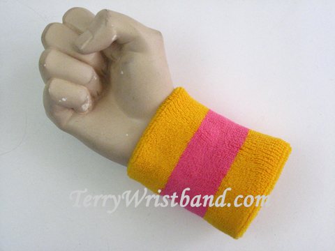 Gold Yellow Bright Pink Striped Terry Wristband, 1PC - Click Image to Close