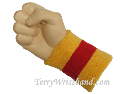 Yellow & Red 2 colored Terry Wristband Sweatband, 1PC - Click Image to Close