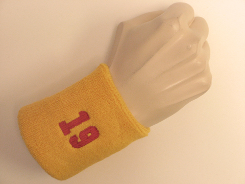 Golden yellow wristband sweatband with number 19 - Click Image to Close