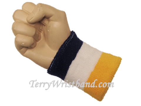 Navy White Yellow Striped Terry Sports Wristband - Click Image to Close