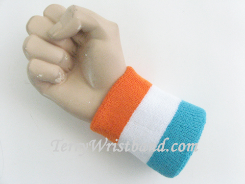 Light Orange White Sky Blue Striped Terry Sports Wristband - Click Image to Close