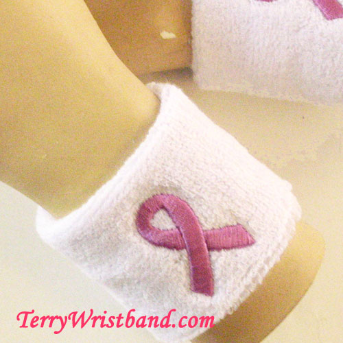 Purple Ribbon Logo White Breast Cancer Awareness Terry Wristband - Click Image to Close