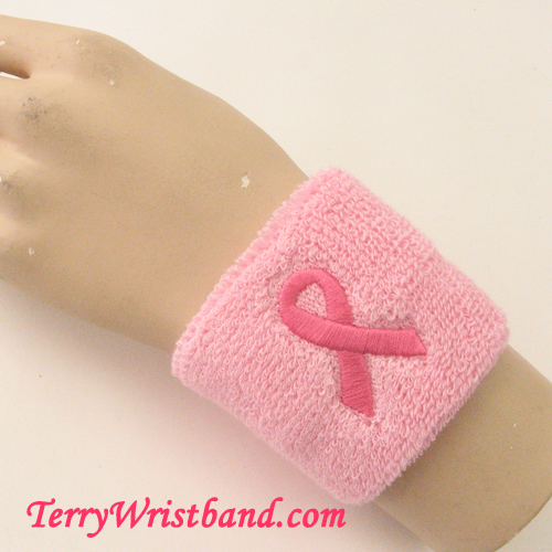 Breast Cancer Awareness Pink Ribbon Terry Wristband for sports - Click Image to Close