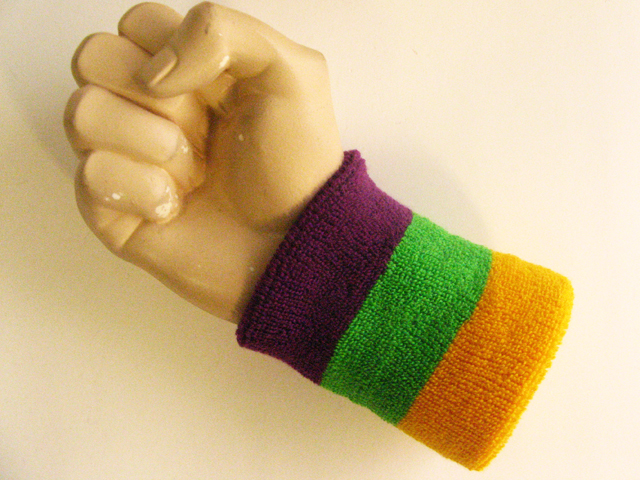 Purple bright green golden yellow wristband sweatband - Click Image to Close