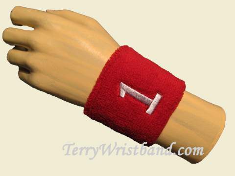 Red with White Number 1 youth wristband sweatband - Click Image to Close