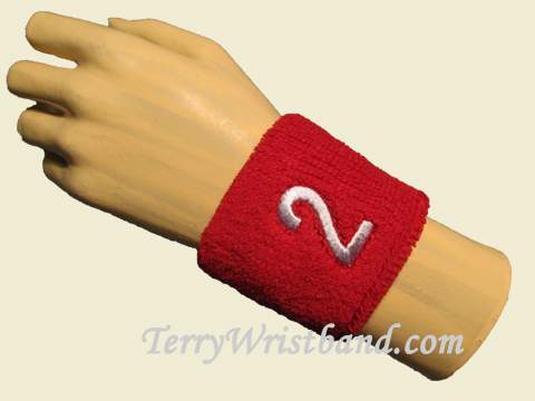 Red with White Number 2 youth wristband sweatband - Click Image to Close