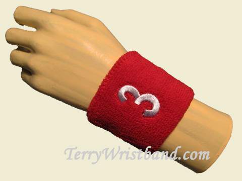 Red with White Number 3 youth wristband sweatband - Click Image to Close