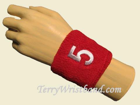 Red with White Number 5 youth wristband sweatband