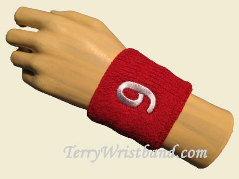 Red with White Number 9 youth wristband sweatband