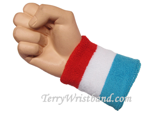 Red White Sky Blue Striped Terry Sports Wristband - Click Image to Close