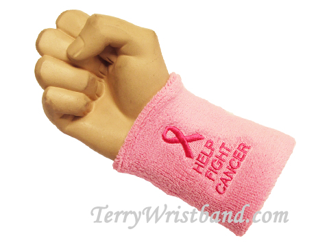 Ribbon with Help Fight Cancer Words Light Pink Terry Wristband - Click Image to Close