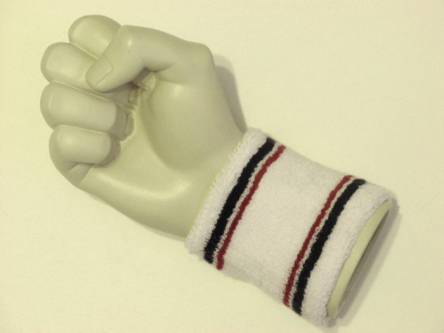 White with black red stripe tennis style wristband sweatband - Click Image to Close