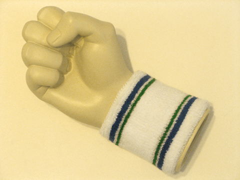 White with blue green stripe tennis style wristband sweatband