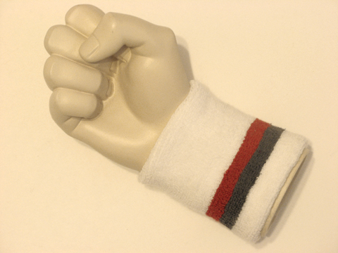 White with red gray stripe tennis style wristband sweatband - Click Image to Close
