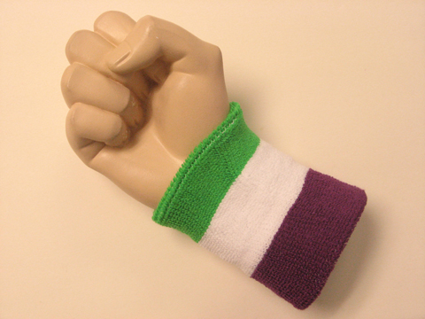 Bright green white purple wristband sweatband - Click Image to Close