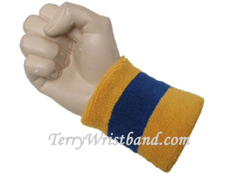 Blue Gold Yellow Striped Terry Wristband - Premium Quality - Click Image to Close